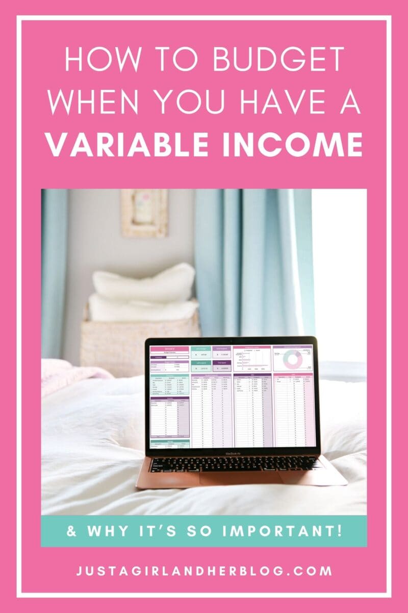 A laptop displaying a budgeting spreadsheet sits on a bed with white and pastel linens. Text above reads, "Budgeting tips for managing irregular income & why it’s so important!" with a web address at the bottom.
