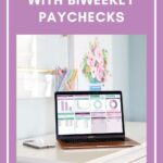 A laptop displaying budgeting charts sits on a white desk with pens and flowers. Text reads: “How to budget with biweekly paychecks using a free biweekly budget template. justagirlandherblog.com.”.