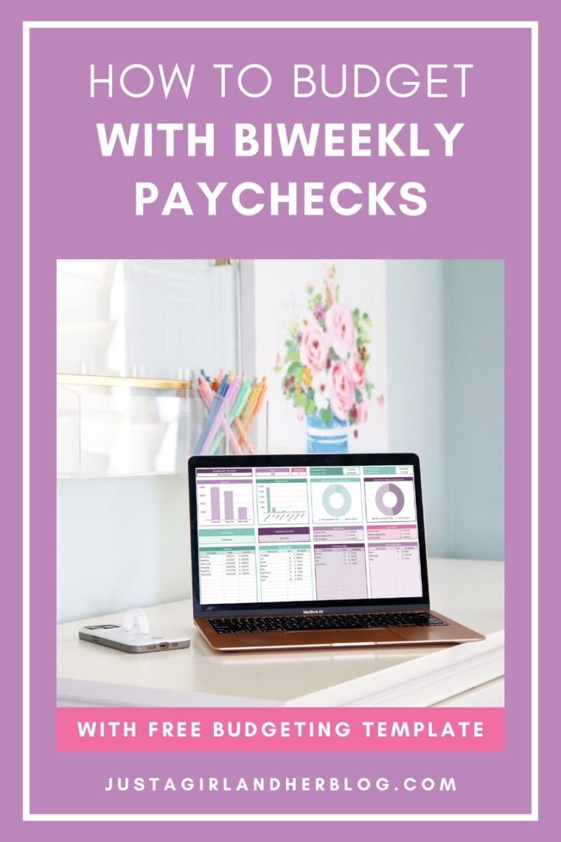 A laptop displaying budgeting charts sits on a white desk with pens and flowers. Text reads: “How to budget with biweekly paychecks using a free biweekly budget template. justagirlandherblog.com.”.