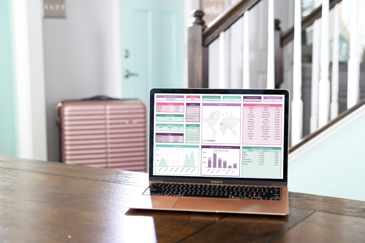 A laptop displaying colorful data dashboards sits on a wooden table in a bright room, suggesting creative ways of teaching kids about money on vacation; a pink suitcase and a staircase are visible in the background.