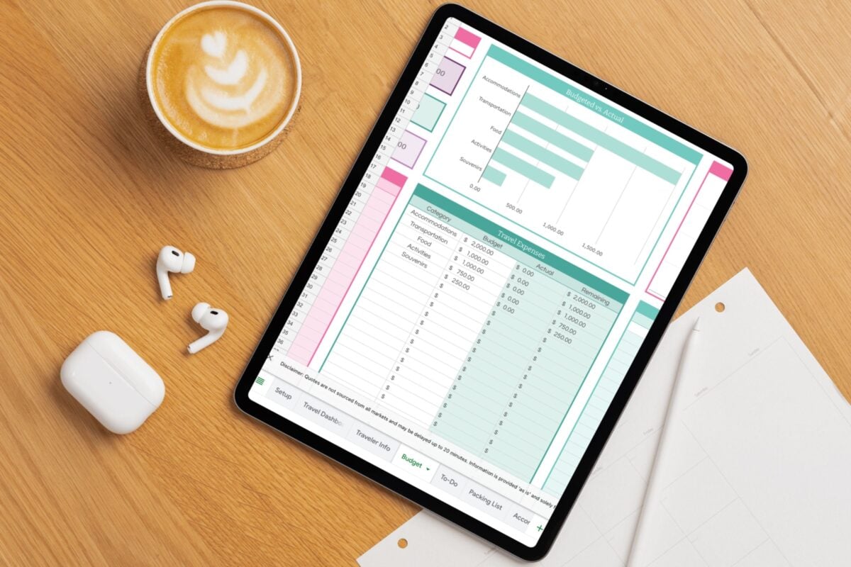 A tablet displaying a financial spreadsheet with charts sits on a wooden desk next to a latte, wireless earbuds, a pen, and blank paper—perfect tools for teaching kids about money on vacation in a relaxed setting.