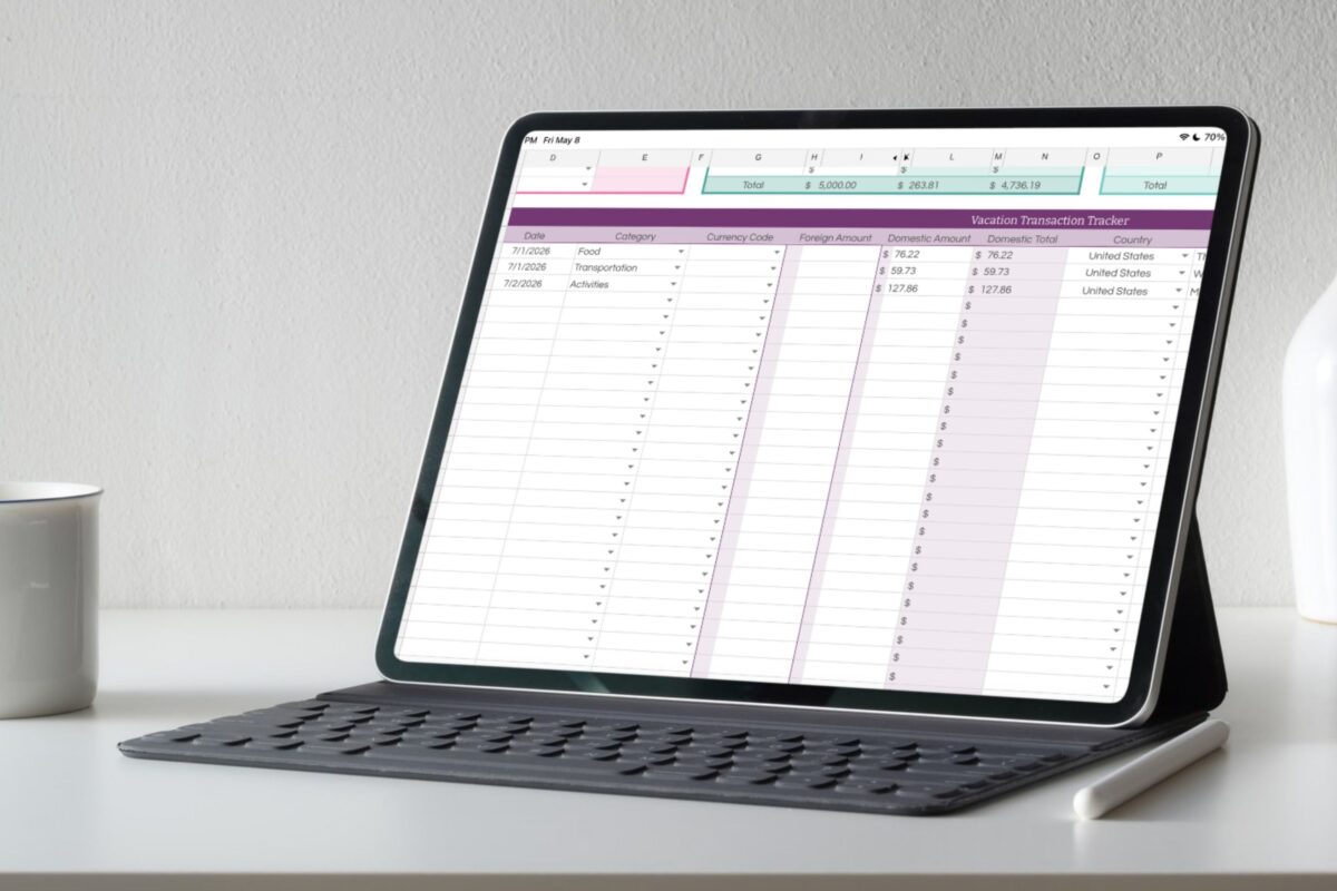 A tablet with a keyboard displays a spreadsheet for teaching kids about money on vacation, tracking transactions with columns for date, category, currency, and amount. The device sits on a white desk next to a white mug.